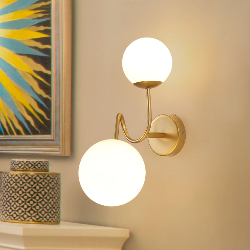 Metal Curved Arm Sconce Light Contemporary 2 Heads Wall Mounted Lamp in Gold with White Glass Shade Clearhalo 'Cast Iron' 'Glass' 'Industrial' 'Modern wall lights' 'Modern' 'Tiffany' 'Traditional wall lights' 'Wall Lamps & Sconces' 'Wall Lights' Lighting' 325163