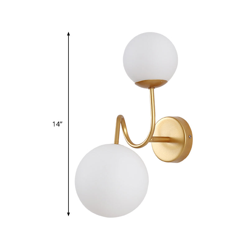 Metal Curved Arm Sconce Light Contemporary 2 Heads Wall Mounted Lamp in Gold with White Glass Shade Clearhalo 'Cast Iron' 'Glass' 'Industrial' 'Modern wall lights' 'Modern' 'Tiffany' 'Traditional wall lights' 'Wall Lamps & Sconces' 'Wall Lights' Lighting' 325166