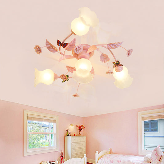 4/7 Bulbs Spiral Ceiling Light Fixture Traditional Pink Satin Opal Glass Semi Flush Mount Lighting for Bedroom Clearhalo 'Ceiling Lights' 'Chandeliers' 'Close To Ceiling Lights' 'Close to ceiling' 'Glass shade' 'Glass' 'Semi-flushmount' Lighting' 325168
