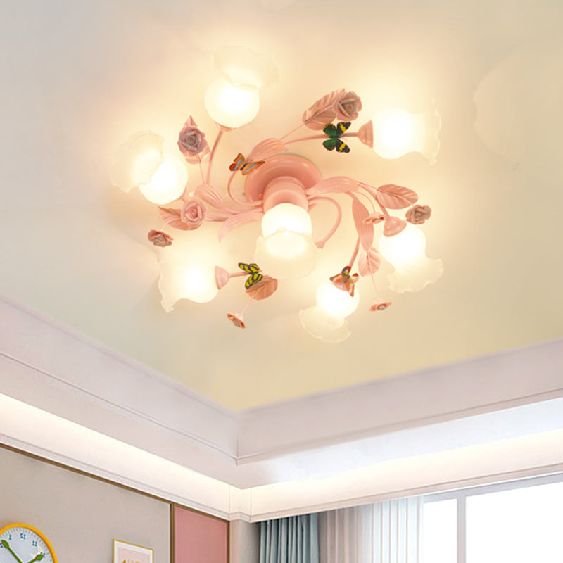 4/7 Bulbs Spiral Ceiling Light Fixture Traditional Pink Satin Opal Glass Semi Flush Mount Lighting for Bedroom 7 Pink Clearhalo 'Ceiling Lights' 'Chandeliers' 'Close To Ceiling Lights' 'Close to ceiling' 'Glass shade' 'Glass' 'Semi-flushmount' Lighting' 325172