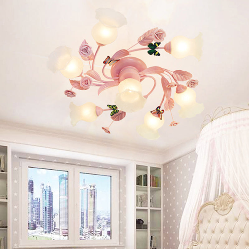 4/7 Bulbs Spiral Ceiling Light Fixture Traditional Pink Satin Opal Glass Semi Flush Mount Lighting for Bedroom Clearhalo 'Ceiling Lights' 'Chandeliers' 'Close To Ceiling Lights' 'Close to ceiling' 'Glass shade' 'Glass' 'Semi-flushmount' Lighting' 325173