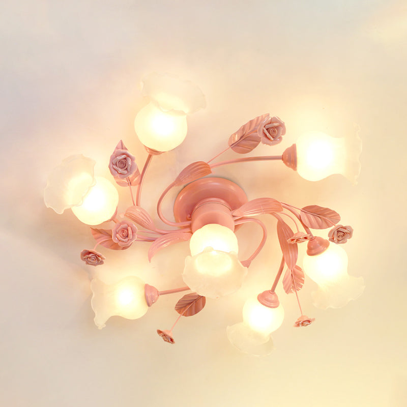 4/7 Bulbs Spiral Ceiling Light Fixture Traditional Pink Satin Opal Glass Semi Flush Mount Lighting for Bedroom Clearhalo 'Ceiling Lights' 'Chandeliers' 'Close To Ceiling Lights' 'Close to ceiling' 'Glass shade' 'Glass' 'Semi-flushmount' Lighting' 325174