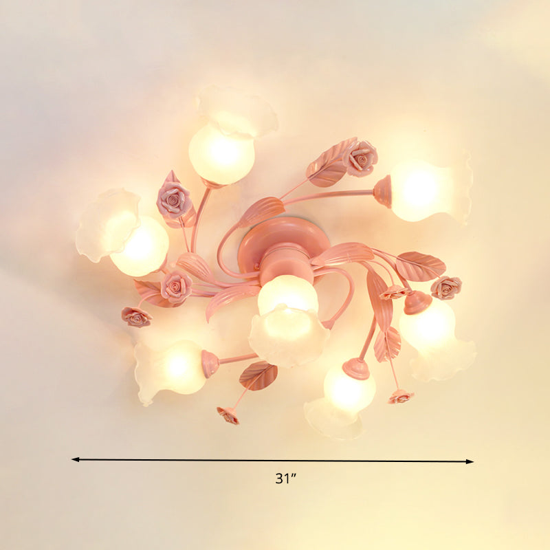 4/7 Bulbs Spiral Ceiling Light Fixture Traditional Pink Satin Opal Glass Semi Flush Mount Lighting for Bedroom Clearhalo 'Ceiling Lights' 'Chandeliers' 'Close To Ceiling Lights' 'Close to ceiling' 'Glass shade' 'Glass' 'Semi-flushmount' Lighting' 325175