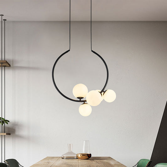 Modern 5 Bulbs Chandelier Light White/Black Orb Ceiling Suspension Lamp with Milky Glass Shade Clearhalo 'Ceiling Lights' 'Chandeliers' 'Close To Ceiling Lights' 'Glass shade' 'Glass' 'Modern Chandeliers' 'Modern' Lighting' 325177