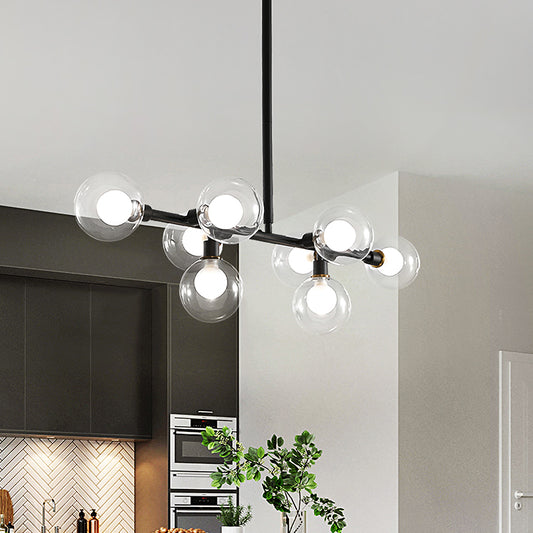 8 Heads Kitchen Island Lamp Contemporary Black Hanging Light Kit with Round Clear Glass Shade Black Clearhalo 'Ceiling Lights' 'Chandeliers' 'Glass shade' 'Glass' 'Island Lights' Lighting' 325200