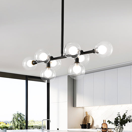 8 Heads Kitchen Island Lamp Contemporary Black Hanging Light Kit with Round Clear Glass Shade Clearhalo 'Ceiling Lights' 'Chandeliers' 'Glass shade' 'Glass' 'Island Lights' Lighting' 325201