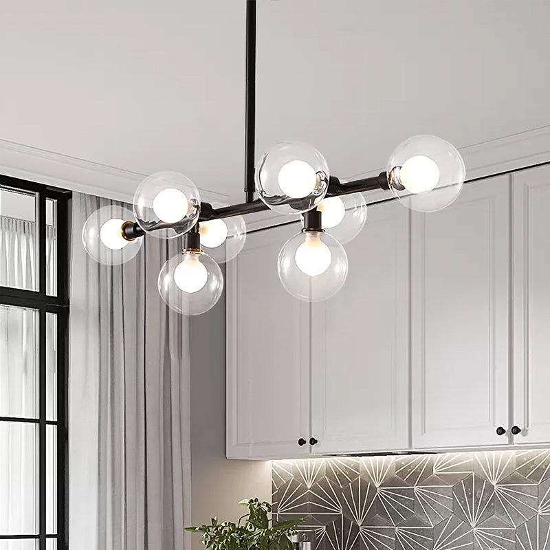 8 Heads Kitchen Island Lamp Contemporary Black Hanging Light Kit with Round Clear Glass Shade Clearhalo 'Ceiling Lights' 'Chandeliers' 'Glass shade' 'Glass' 'Island Lights' Lighting' 325202