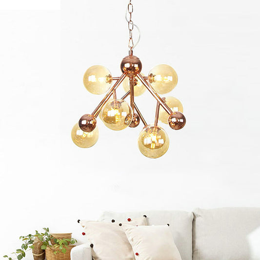 Spherical Living Room Chandelier Light Amber Glass 9 Heads Modern Ceiling Suspension Lamp Amber Clearhalo 'Ceiling Lights' 'Chandeliers' 'Glass shade' 'Glass' 'Modern Chandeliers' 'Modern' Lighting' 325208