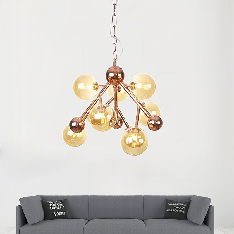 Spherical Living Room Chandelier Light Amber Glass 9 Heads Modern Ceiling Suspension Lamp Clearhalo 'Ceiling Lights' 'Chandeliers' 'Glass shade' 'Glass' 'Modern Chandeliers' 'Modern' Lighting' 325210