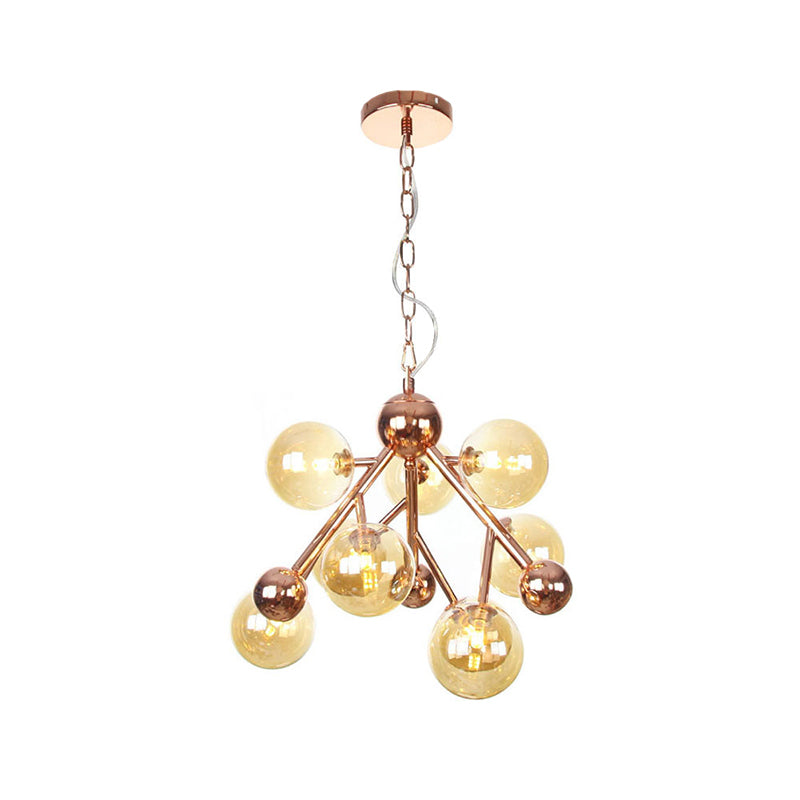 Spherical Living Room Chandelier Light Amber Glass 9 Heads Modern Ceiling Suspension Lamp Clearhalo 'Ceiling Lights' 'Chandeliers' 'Glass shade' 'Glass' 'Modern Chandeliers' 'Modern' Lighting' 325211