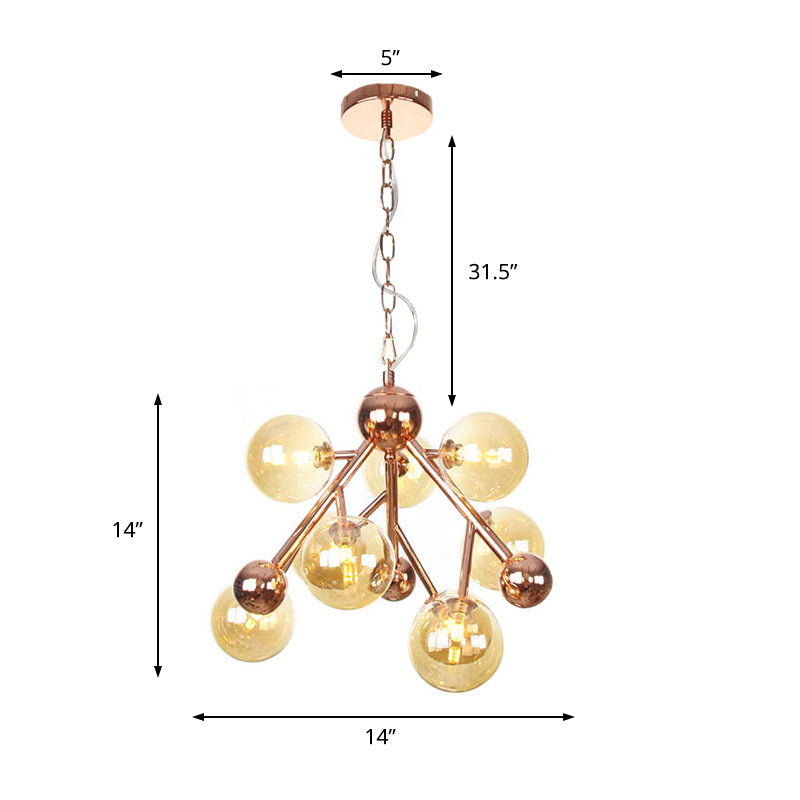 Spherical Living Room Chandelier Light Amber Glass 9 Heads Modern Ceiling Suspension Lamp Clearhalo 'Ceiling Lights' 'Chandeliers' 'Glass shade' 'Glass' 'Modern Chandeliers' 'Modern' Lighting' 325212