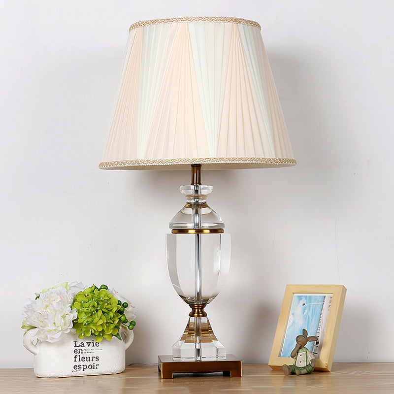 Single Head Fabric Night Light Countryside White Tapered Bedroom Nightstand Lamp with Crystal Base Clearhalo 'Lamps' 'Table Lamps' Lighting' 325218