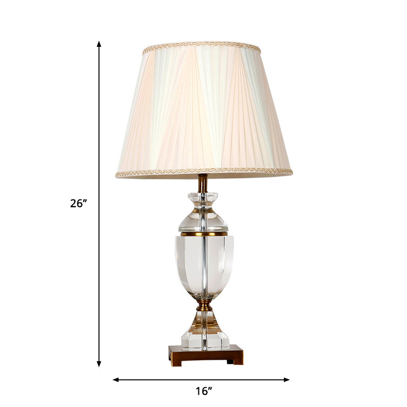 Single Head Fabric Night Light Countryside White Tapered Bedroom Nightstand Lamp with Crystal Base Clearhalo 'Lamps' 'Table Lamps' Lighting' 325220