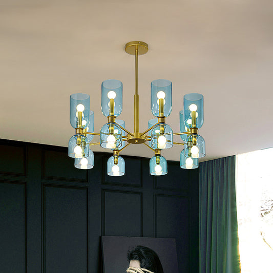 Modernist 16 Heads Chandelier Lamp Black/Gold Cylinder Hanging Pendant Light with White/Blue Glass Shade Gold Clearhalo 'Ceiling Lights' 'Chandeliers' 'Close To Ceiling Lights' 'Glass shade' 'Glass' 'Modern Chandeliers' 'Modern' Lighting' 325221