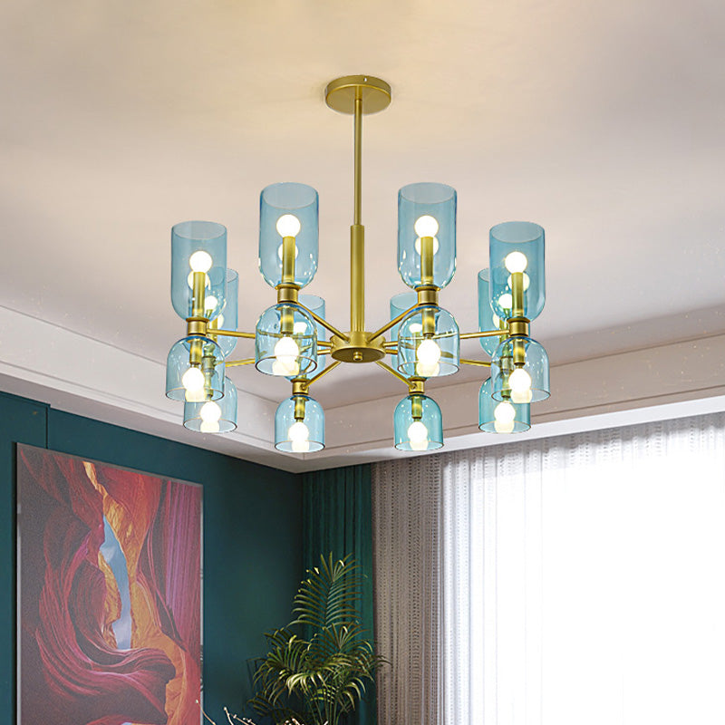 Modernist 16 Heads Chandelier Lamp Black/Gold Cylinder Hanging Pendant Light with White/Blue Glass Shade Clearhalo 'Ceiling Lights' 'Chandeliers' 'Close To Ceiling Lights' 'Glass shade' 'Glass' 'Modern Chandeliers' 'Modern' Lighting' 325222