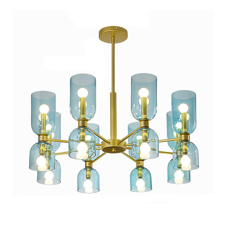 Modernist 16 Heads Chandelier Lamp Black/Gold Cylinder Hanging Pendant Light with White/Blue Glass Shade Clearhalo 'Ceiling Lights' 'Chandeliers' 'Close To Ceiling Lights' 'Glass shade' 'Glass' 'Modern Chandeliers' 'Modern' Lighting' 325223