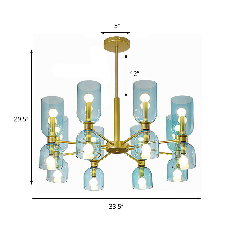 Modernist 16 Heads Chandelier Lamp Black/Gold Cylinder Hanging Pendant Light with White/Blue Glass Shade Clearhalo 'Ceiling Lights' 'Chandeliers' 'Close To Ceiling Lights' 'Glass shade' 'Glass' 'Modern Chandeliers' 'Modern' Lighting' 325224