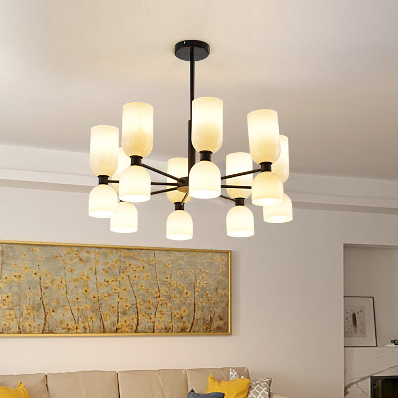 Modernist 16 Heads Chandelier Lamp Black/Gold Cylinder Hanging Pendant Light with White/Blue Glass Shade Black Clearhalo 'Ceiling Lights' 'Chandeliers' 'Close To Ceiling Lights' 'Glass shade' 'Glass' 'Modern Chandeliers' 'Modern' Lighting' 325225