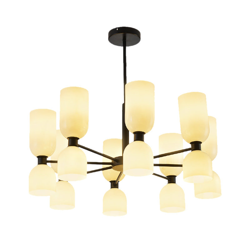 Modernist 16 Heads Chandelier Lamp Black/Gold Cylinder Hanging Pendant Light with White/Blue Glass Shade Clearhalo 'Ceiling Lights' 'Chandeliers' 'Close To Ceiling Lights' 'Glass shade' 'Glass' 'Modern Chandeliers' 'Modern' Lighting' 325226