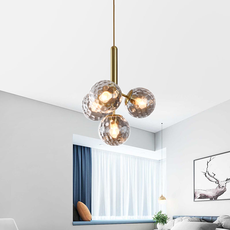 4 Heads Globe Ceiling Chandelier Modernism Dimpled Blown Glass Hanging Light Fixture in Gold Gold Clearhalo 'Ceiling Lights' 'Chandeliers' 'Close To Ceiling Lights' 'Glass shade' 'Glass' 'Modern Chandeliers' 'Modern' Lighting' 325243