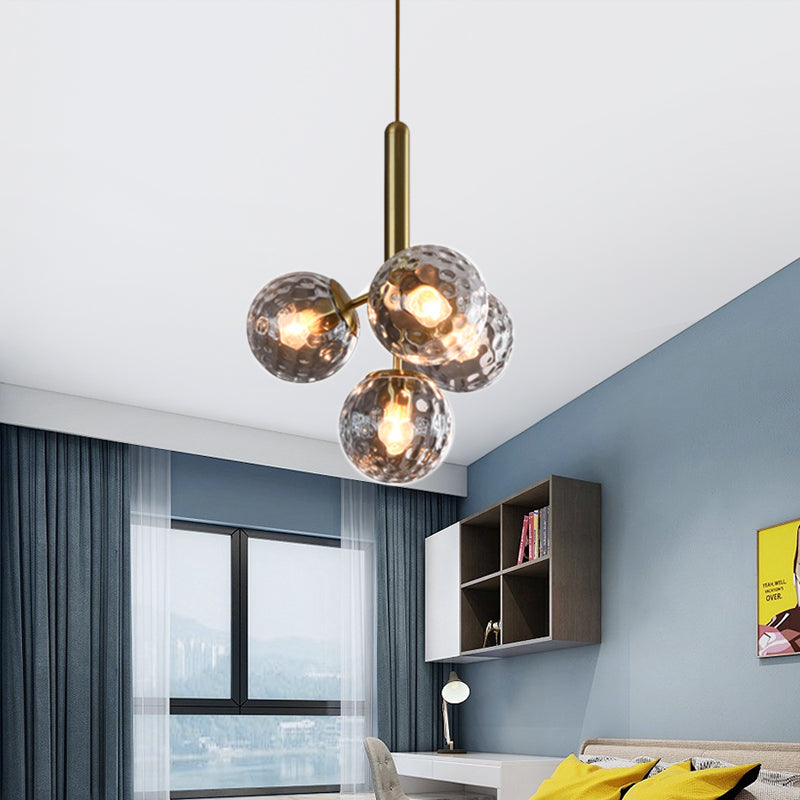 4 Heads Globe Ceiling Chandelier Modernism Dimpled Blown Glass Hanging Light Fixture in Gold Clearhalo 'Ceiling Lights' 'Chandeliers' 'Close To Ceiling Lights' 'Glass shade' 'Glass' 'Modern Chandeliers' 'Modern' Lighting' 325244