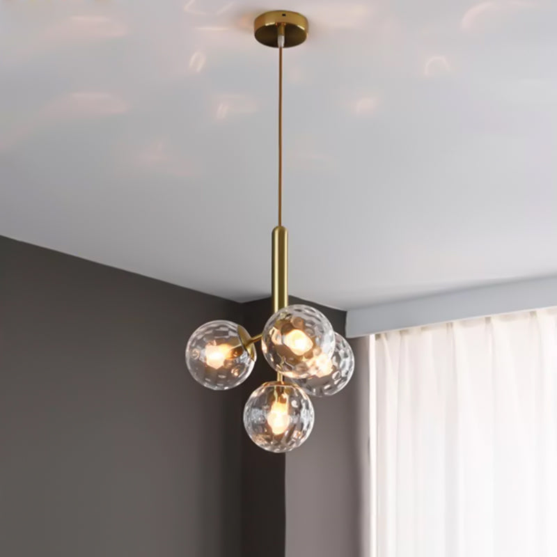 4 Heads Globe Ceiling Chandelier Modernism Dimpled Blown Glass Hanging Light Fixture in Gold Clearhalo 'Ceiling Lights' 'Chandeliers' 'Close To Ceiling Lights' 'Glass shade' 'Glass' 'Modern Chandeliers' 'Modern' Lighting' 325245