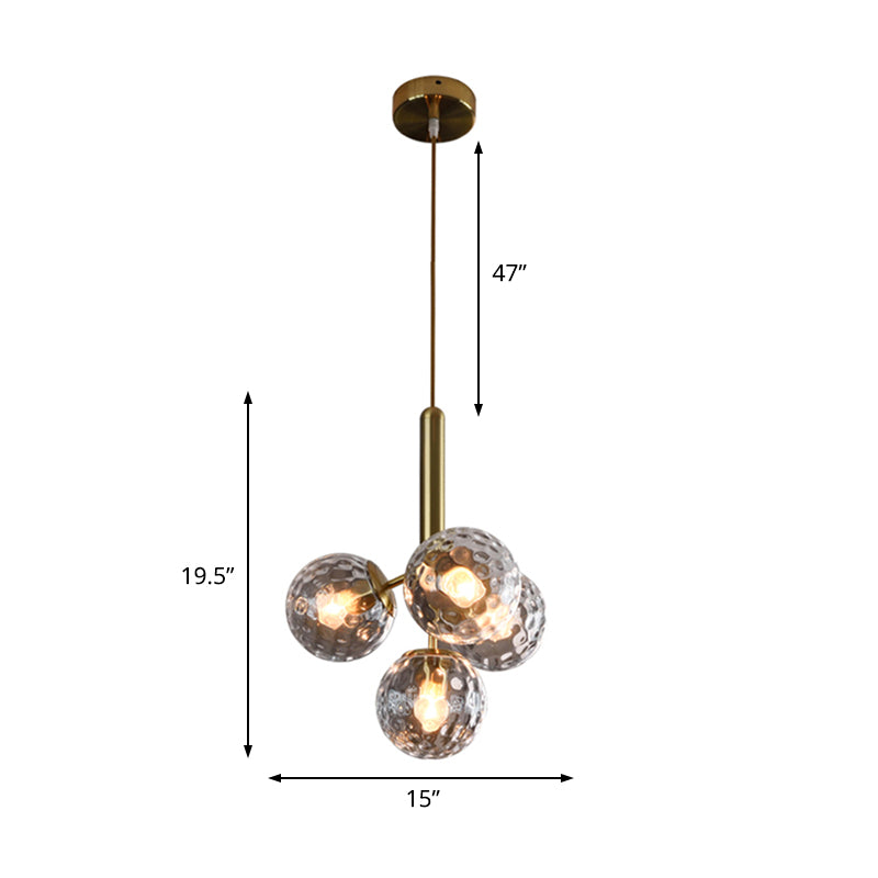 4 Heads Globe Ceiling Chandelier Modernism Dimpled Blown Glass Hanging Light Fixture in Gold Clearhalo 'Ceiling Lights' 'Chandeliers' 'Close To Ceiling Lights' 'Glass shade' 'Glass' 'Modern Chandeliers' 'Modern' Lighting' 325247