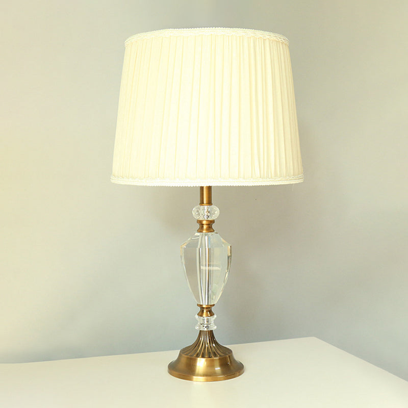 Single Head Pleated Shade Table Light Simple Beige Fabric Nightstand Lamp with Crystal Deco Beige Clearhalo 'Lamps' 'Table Lamps' Lighting' 325277