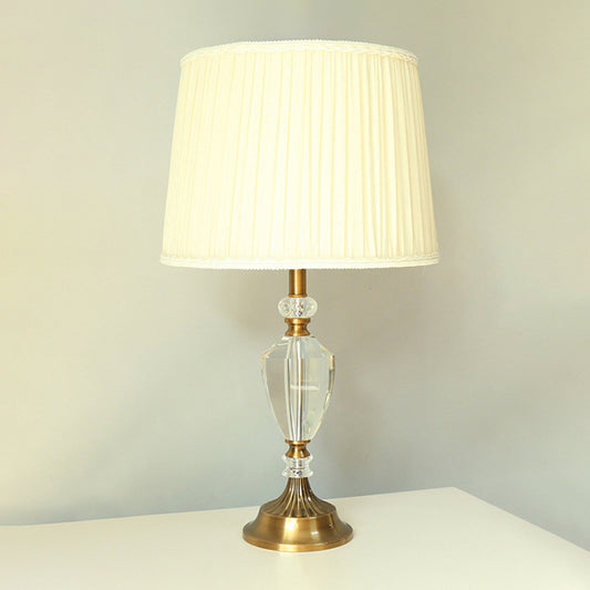 Single Head Pleated Shade Table Light Simple Beige Fabric Nightstand Lamp with Crystal Deco Beige Clearhalo 'Lamps' 'Table Lamps' Lighting' 325277