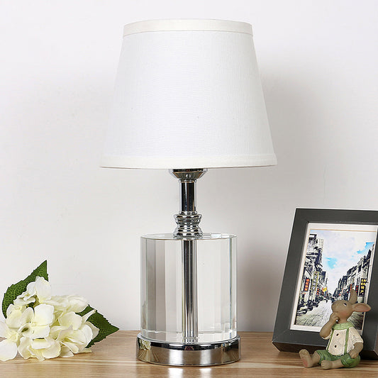 White Barrel Night Table Lamp Simple Fabric 1 Light Bedroom Nightstand Light with Crystal Base White Clearhalo 'Lamps' 'Table Lamps' Lighting' 325319