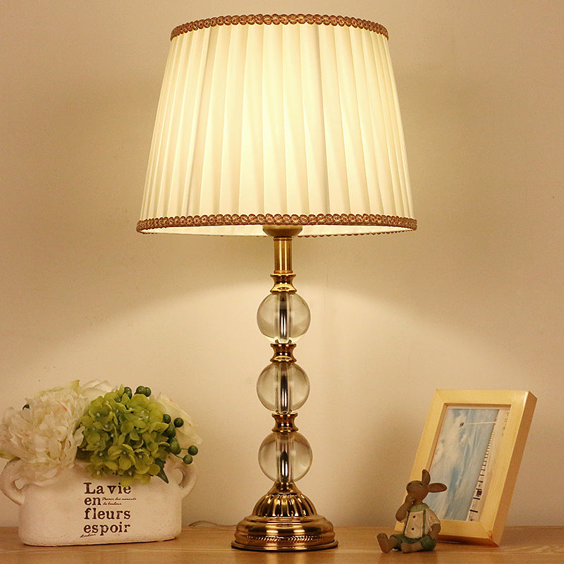 Crystal Pleated Shade Nightstand Light Countryside 1 Light Living Room Table Lamp in Beige Beige Clearhalo 'Lamps' 'Table Lamps' Lighting' 325327