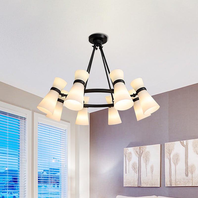 Wide Flare Ceiling Chandelier Modernism Opal Glass 16 Bulbs Black/Gold Pendant Lighting Fixture Black Clearhalo 'Ceiling Lights' 'Chandeliers' 'Close To Ceiling Lights' 'Glass shade' 'Glass' 'Island Lights' 'Modern Chandeliers' 'Modern' Lighting' 325338