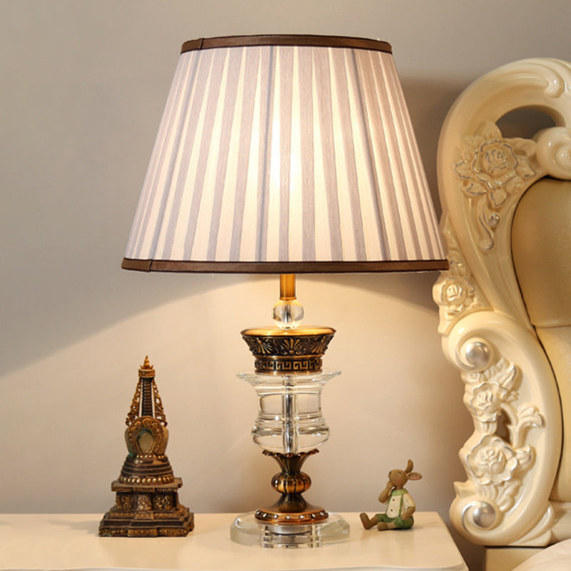 Single Bulb Tapered Night Light Traditional Style Beige Fabric Table Lamp with Crystal Base Clearhalo 'Lamps' 'Table Lamps' Lighting' 325346