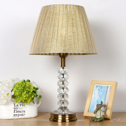 Pleated Shade Clear Crystal Night Table Lamp Rustic 1 Light Bedroom Nightstand Light in Beige Beige Clearhalo 'Lamps' 'Table Lamps' Lighting' 325367