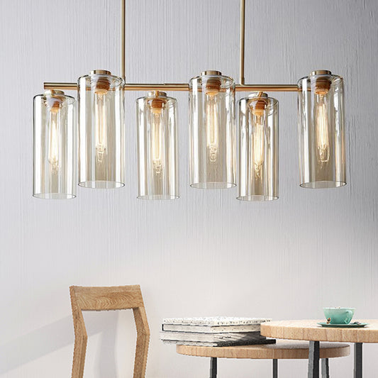 6 Bulbs Dining Room Island Light Modern Champagne Pendant Lighting Fixture with Cylindrical Cognac Glass Shade Champagne Clearhalo 'Ceiling Lights' 'Close To Ceiling Lights' 'Glass shade' 'Glass' 'Island Lights' Lighting' 325375