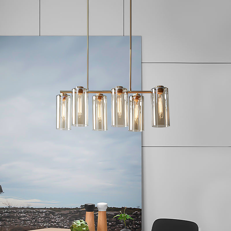 6 Bulbs Dining Room Island Light Modern Champagne Pendant Lighting Fixture with Cylindrical Cognac Glass Shade Clearhalo 'Ceiling Lights' 'Close To Ceiling Lights' 'Glass shade' 'Glass' 'Island Lights' Lighting' 325377