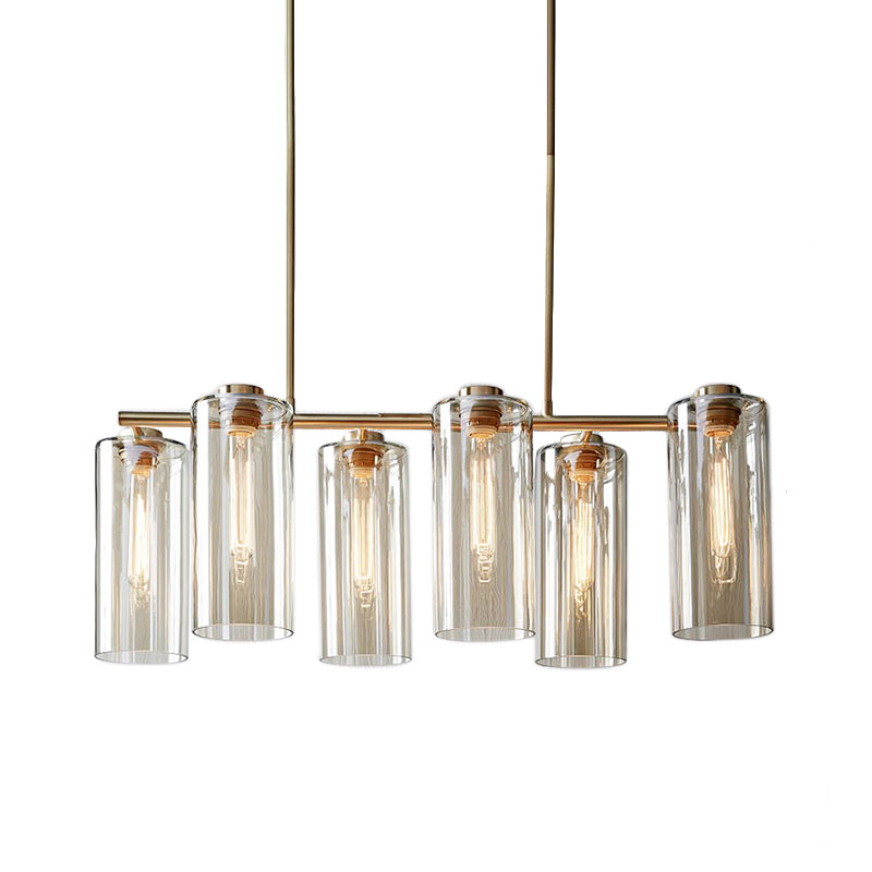 6 Bulbs Dining Room Island Light Modern Champagne Pendant Lighting Fixture with Cylindrical Cognac Glass Shade Clearhalo 'Ceiling Lights' 'Close To Ceiling Lights' 'Glass shade' 'Glass' 'Island Lights' Lighting' 325378