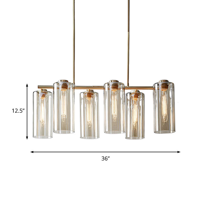 6 Bulbs Dining Room Island Light Modern Champagne Pendant Lighting Fixture with Cylindrical Cognac Glass Shade Clearhalo 'Ceiling Lights' 'Close To Ceiling Lights' 'Glass shade' 'Glass' 'Island Lights' Lighting' 325379