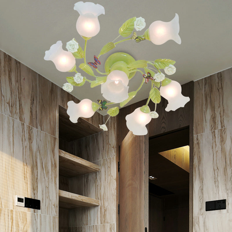 Green 7 Lights Semi Flush Light Pastoral Frosted Glass Floral Ceiling Mount Chandelier for Bedroom Clearhalo 'Ceiling Lights' 'Close To Ceiling Lights' 'Close to ceiling' 'Glass shade' 'Glass' 'Semi-flushmount' Lighting' 325413