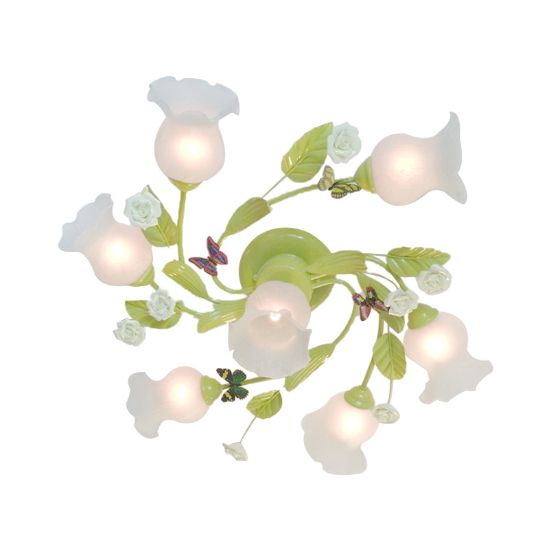 Green 7 Lights Semi Flush Light Pastoral Frosted Glass Floral Ceiling Mount Chandelier for Bedroom Clearhalo 'Ceiling Lights' 'Close To Ceiling Lights' 'Close to ceiling' 'Glass shade' 'Glass' 'Semi-flushmount' Lighting' 325414