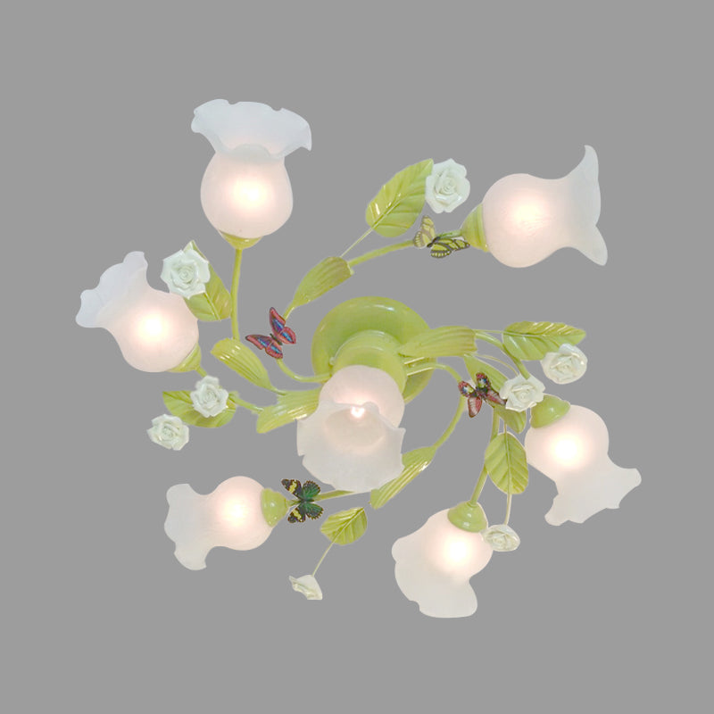 Green 7 Lights Semi Flush Light Pastoral Frosted Glass Floral Ceiling Mount Chandelier for Bedroom Clearhalo 'Ceiling Lights' 'Close To Ceiling Lights' 'Close to ceiling' 'Glass shade' 'Glass' 'Semi-flushmount' Lighting' 325415