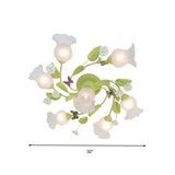 Green 7 Lights Semi Flush Light Pastoral Frosted Glass Floral Ceiling Mount Chandelier for Bedroom Clearhalo 'Ceiling Lights' 'Close To Ceiling Lights' 'Close to ceiling' 'Glass shade' 'Glass' 'Semi-flushmount' Lighting' 325416