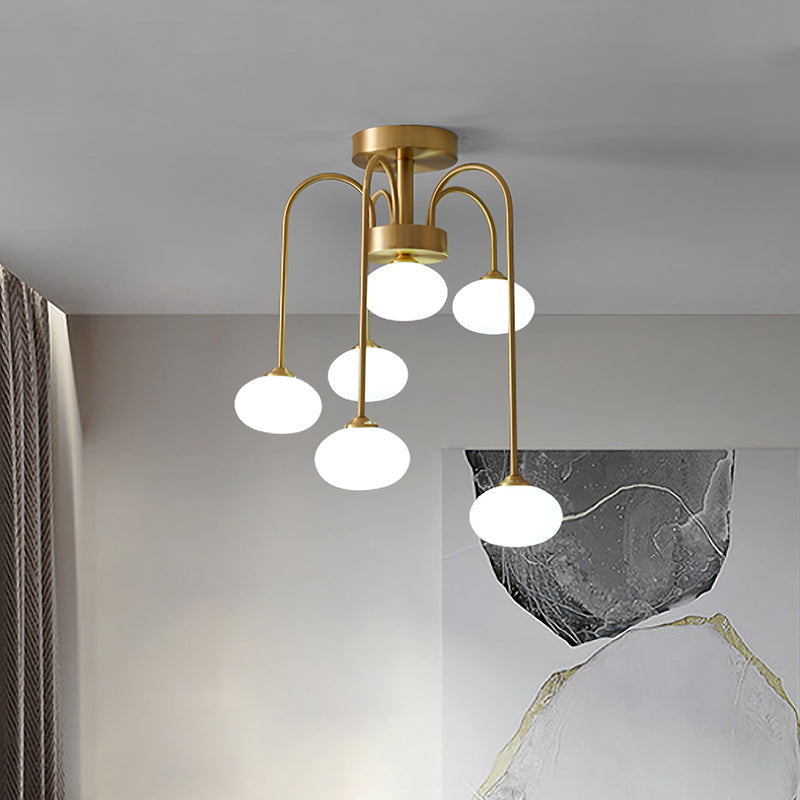 Milky Glass Oval Semi Flush Modernist 4/6 Heads Gold Ceiling Mount Light Fixture with Metal Curvy Arm Clearhalo 'Ceiling Lights' 'Close To Ceiling Lights' 'Close to ceiling' 'Glass shade' 'Glass' 'Semi-flushmount' Lighting' 325418