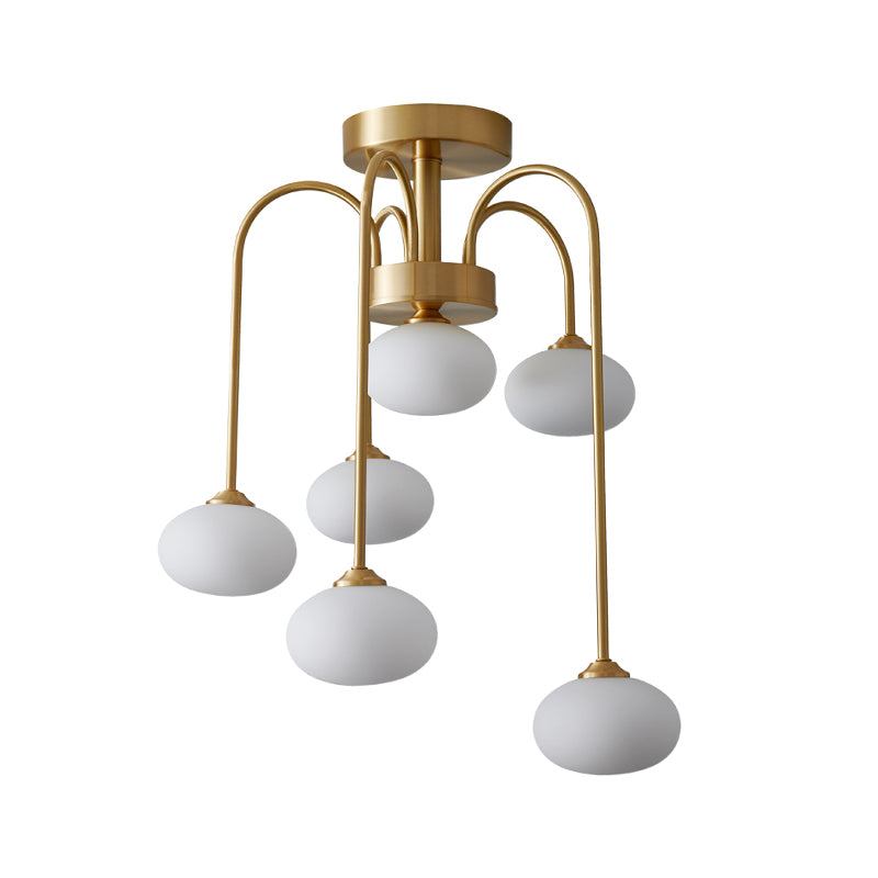 Milky Glass Oval Semi Flush Modernist 4/6 Heads Gold Ceiling Mount Light Fixture with Metal Curvy Arm Clearhalo 'Ceiling Lights' 'Close To Ceiling Lights' 'Close to ceiling' 'Glass shade' 'Glass' 'Semi-flushmount' Lighting' 325419