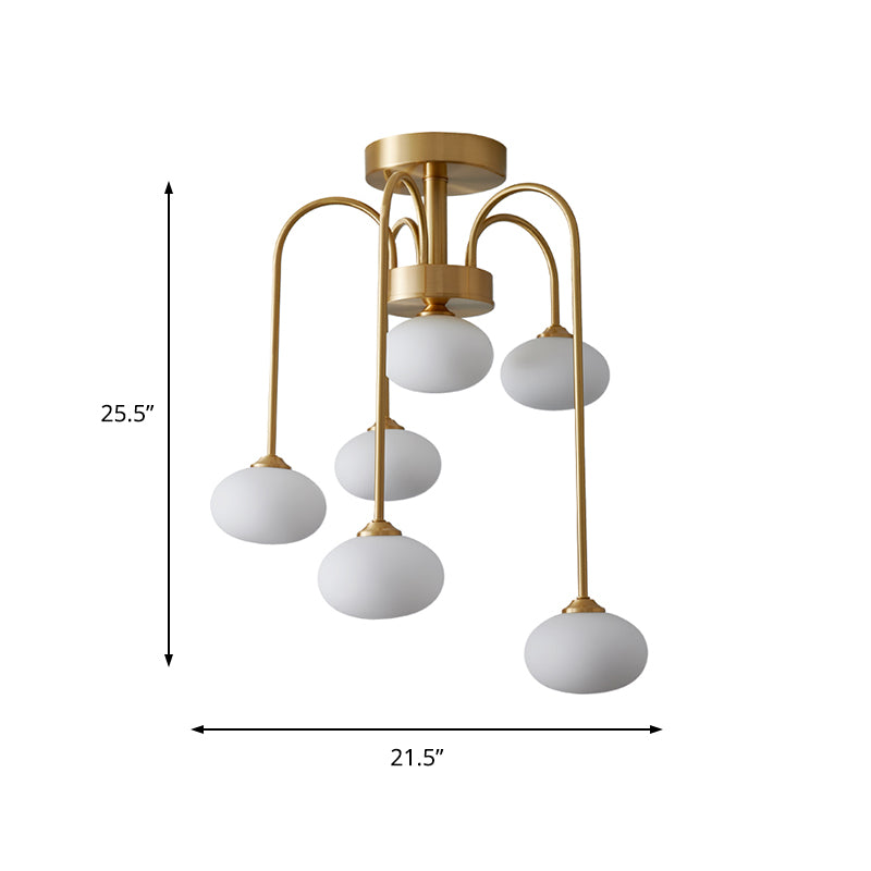 Milky Glass Oval Semi Flush Modernist 4/6 Heads Gold Ceiling Mount Light Fixture with Metal Curvy Arm Clearhalo 'Ceiling Lights' 'Close To Ceiling Lights' 'Close to ceiling' 'Glass shade' 'Glass' 'Semi-flushmount' Lighting' 325420