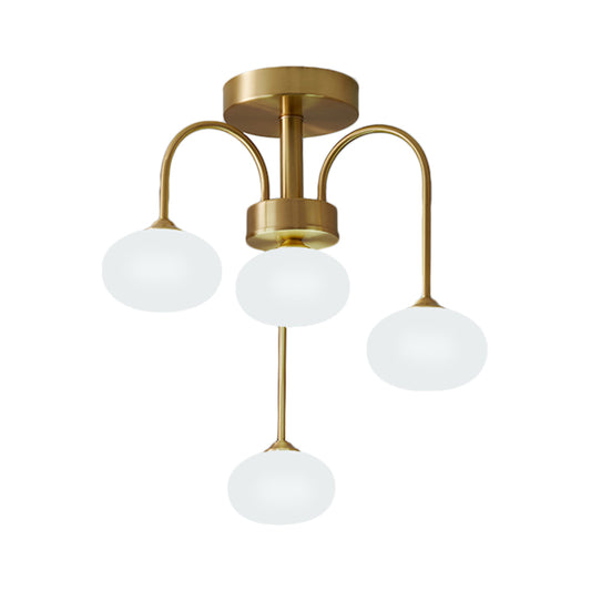 Milky Glass Oval Semi Flush Modernist 4/6 Heads Gold Ceiling Mount Light Fixture with Metal Curvy Arm Clearhalo 'Ceiling Lights' 'Close To Ceiling Lights' 'Close to ceiling' 'Glass shade' 'Glass' 'Semi-flushmount' Lighting' 325422