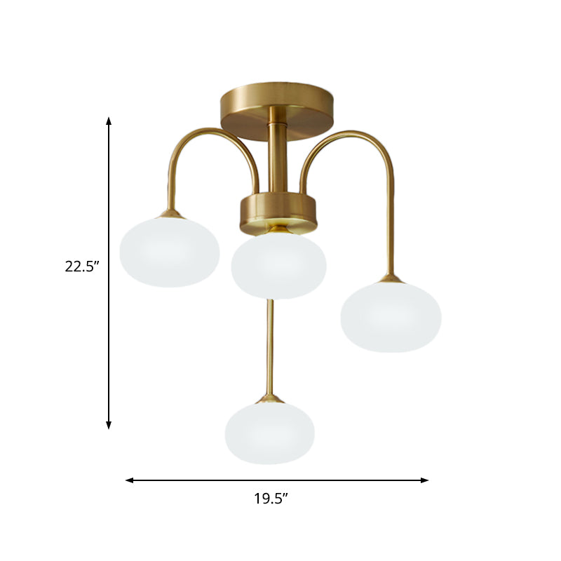Milky Glass Oval Semi Flush Modernist 4/6 Heads Gold Ceiling Mount Light Fixture with Metal Curvy Arm Clearhalo 'Ceiling Lights' 'Close To Ceiling Lights' 'Close to ceiling' 'Glass shade' 'Glass' 'Semi-flushmount' Lighting' 325423