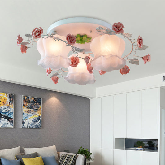 3 Bulbs Rose Ceiling Mount Countryside Pink Mouth Blown Opal Glass Flush Light Fixture for Bedroom Pink Clearhalo 'Ceiling Lights' 'Close To Ceiling Lights' 'Close to ceiling' 'Flush mount' Lighting' 325436