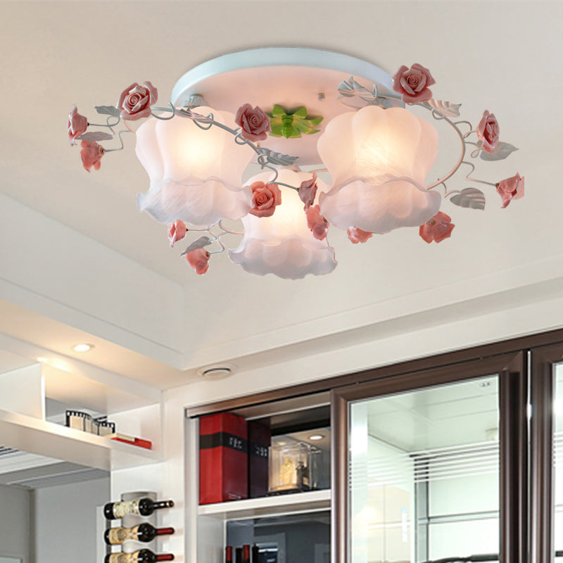 3 Bulbs Rose Ceiling Mount Countryside Pink Mouth Blown Opal Glass Flush Light Fixture for Bedroom Clearhalo 'Ceiling Lights' 'Close To Ceiling Lights' 'Close to ceiling' 'Flush mount' Lighting' 325437