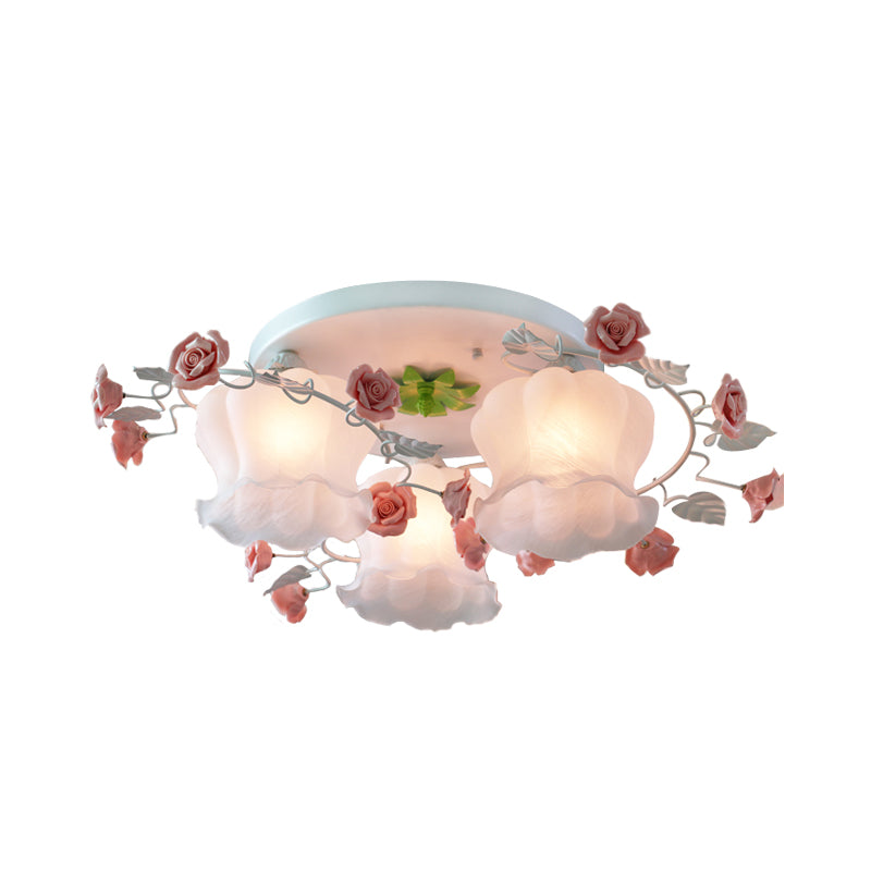 3 Bulbs Rose Ceiling Mount Countryside Pink Mouth Blown Opal Glass Flush Light Fixture for Bedroom Clearhalo 'Ceiling Lights' 'Close To Ceiling Lights' 'Close to ceiling' 'Flush mount' Lighting' 325438